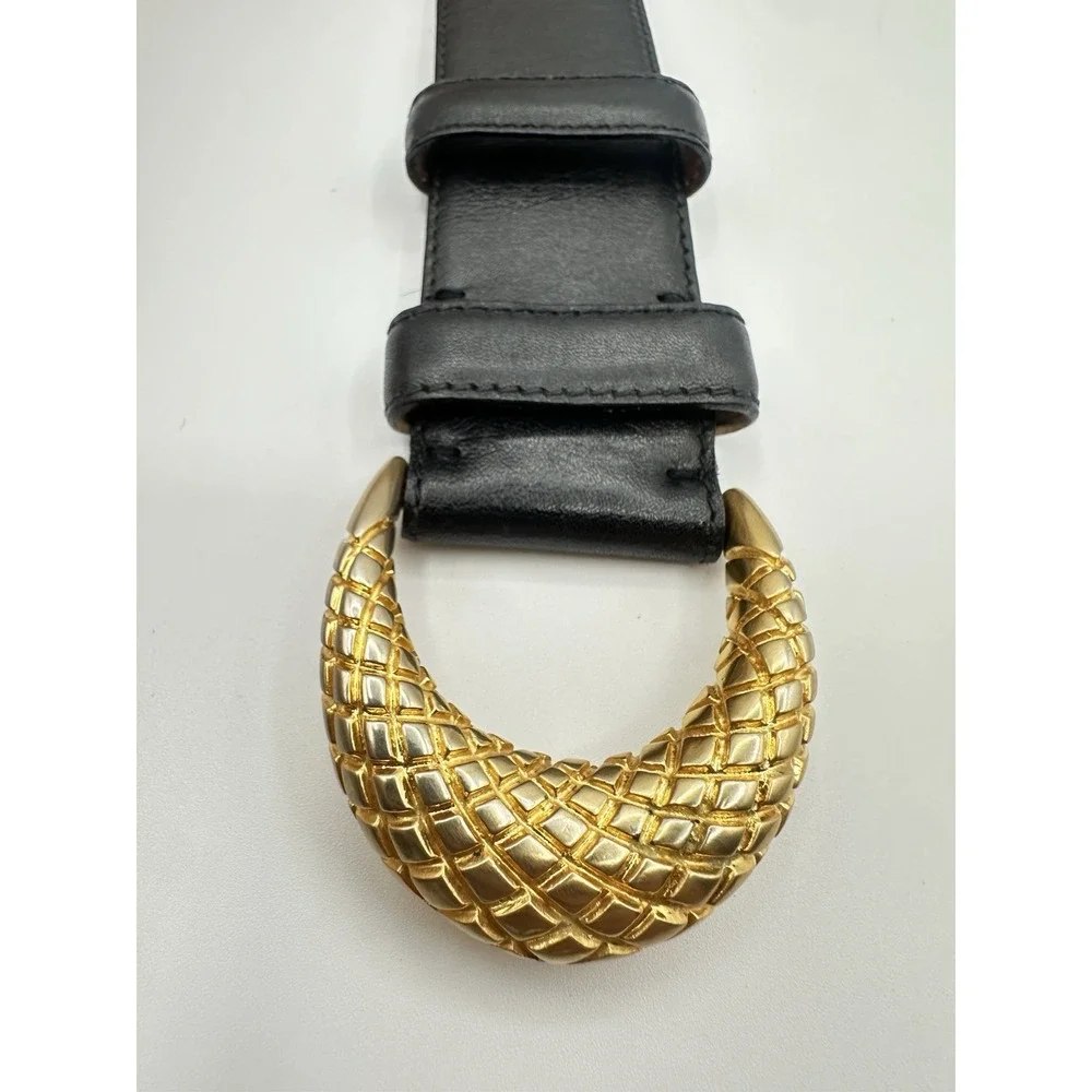 Donna Karan Vintage Black Leather Belt Gold Tone Mesh Buckle Medium